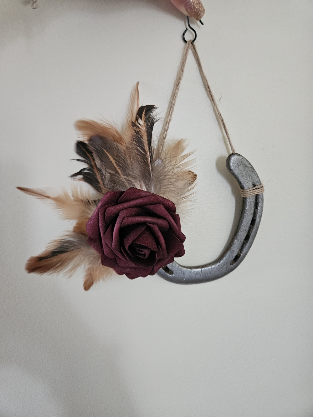 Decorative Horseshoe Wall Hanging with Burgundy Rose and Feathers
